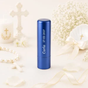 Bálsamo labial azul sabor vainilla spf15 personalizado de comunión, diseño Tipogr merienda