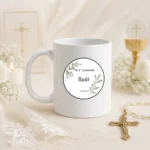 Taza blanca personalizada de comunión, diseño Ramillo hojas