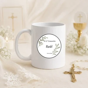 Taza blanca comunión ramillo hojas