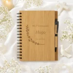 Set bolígrafo y cuaderno bambú personalizado de comunión, diseño Tt nrms