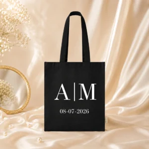 Bolsa algodón asa larga negro boda iniciales