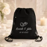Bolsa cuerdas cremallera negro personalizada para boda, diseño Elegance