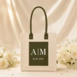 Bolsa algodón bolsillo y asa larga verde personalizada para boda con iniciales