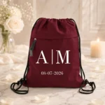 Bolsa cuerdas cremallera burdeos personalizada para boda con iniciales