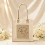 Bolsa algodón bolsillo y asa larga beige personalizada para boda, diseño Basic