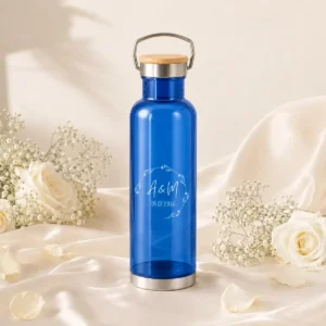Botella azul tapa bambú boda basic