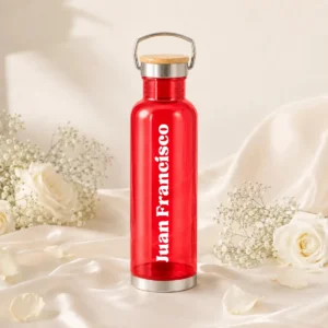 Botella roja tapa bambú boda nombres