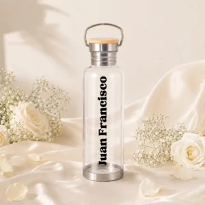 Botella transparente tapa bambú boda nombres