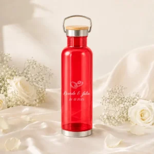 Botella roja tapa bambú boda elegance