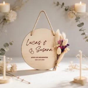 Cartel madera circular detalle lila boda sois los siguientes