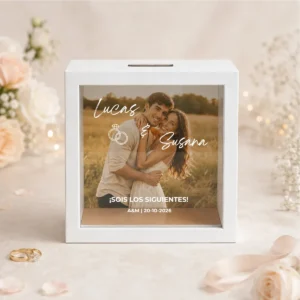 Hucha madera blanca boda sois los siguientes