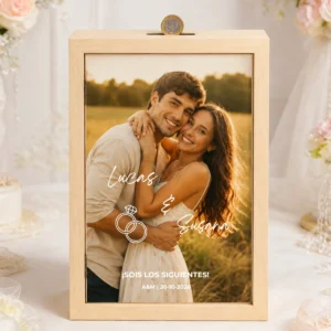 Hucha portafotos doble madera boda sois los siguientes