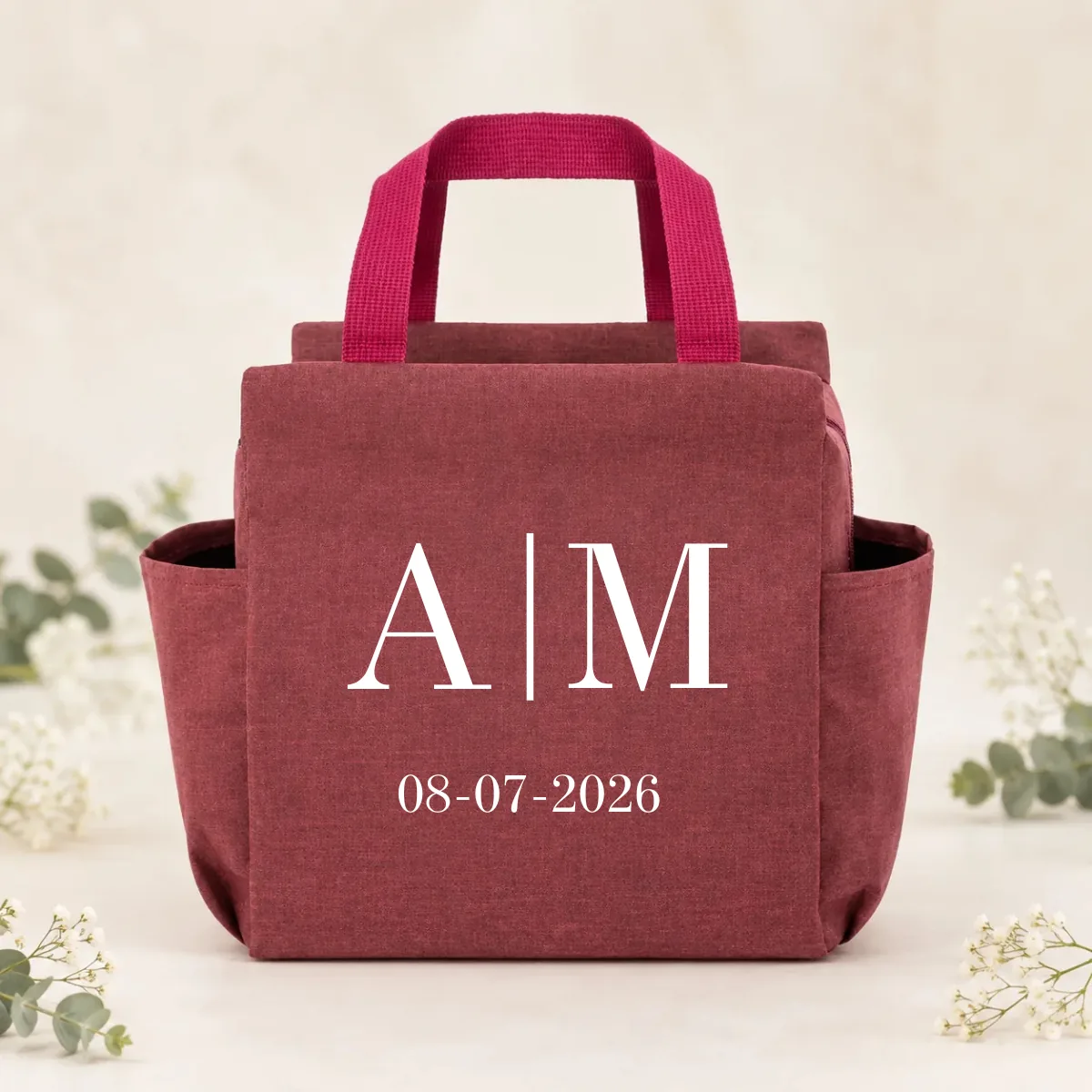 Bolsa nevera burdeos boda iniciales
