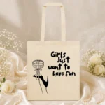 Bolsa de asa algodon beige personalizada para boda, diseño Girls just want to have fun