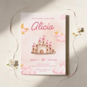 Invitación  a6 bautizo castillo niña