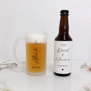 Pack cerveza y jarra con caja detalle rojo boda cursiva extensión hermano