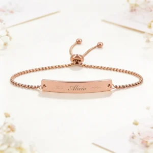 Pulsera acero rectangular oro rosa boda nombre dama de honor
