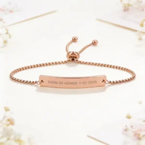 Pulsera acero rectangular oro rosa boda iniciales dama de honor