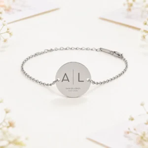 Pulsera acero redonda plata boda iniciales dama de honor