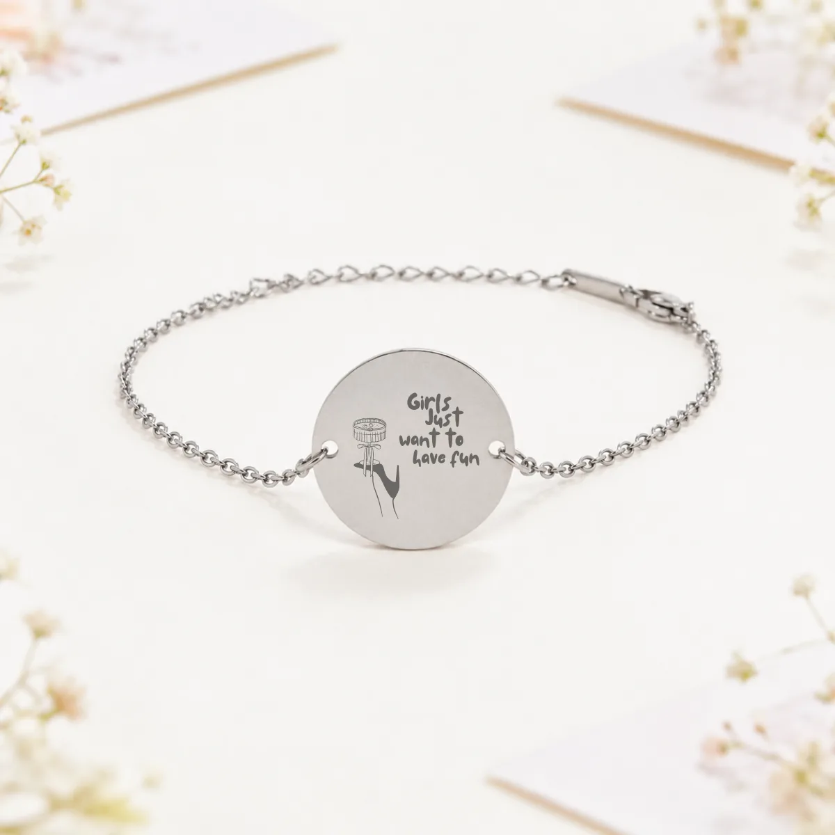 Pulsera acero redonda plata boda girls just want to have fun