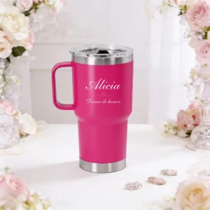 Termo bordes 600ml rosa personalizado para boda, diseño Bouquet