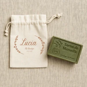 Jabón marsella pastilla personalizado de bautizo, diseño Detalle laurel