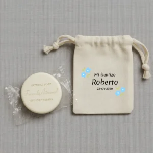 Jabón redondo hecho en españa personalizado de bautizo, diseño Flores azules
