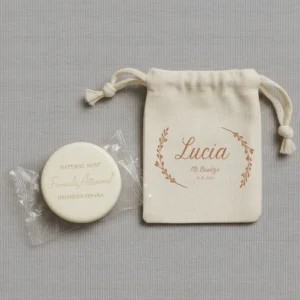 Jabón redondo hecho en españa personalizado de bautizo, diseño Detalle laurel