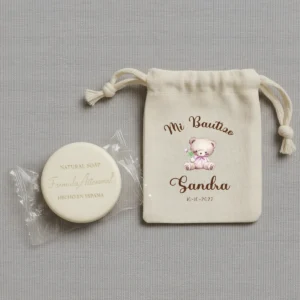 Jabón redondo hecho en españa personalizado de bautizo, diseño Osito niña sencillo