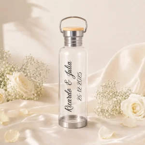 Botella transparente tapa bambú boda elegance