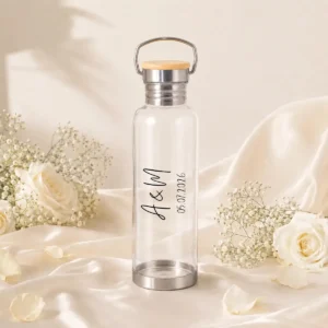 Botella transparente tapa bambú boda basic