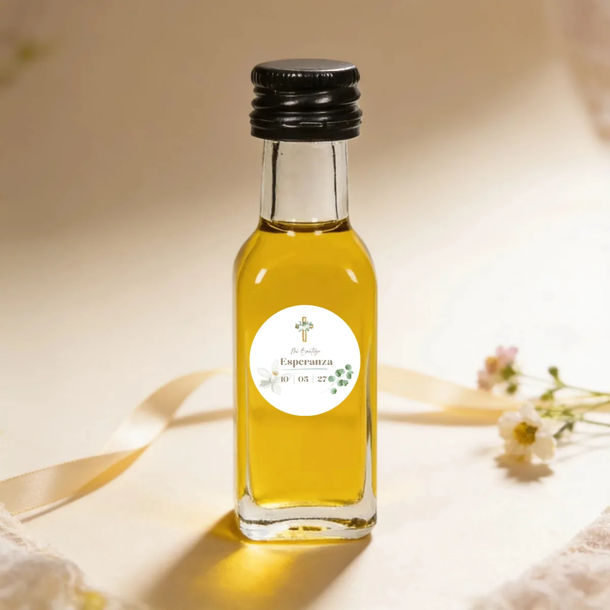Botella de aceite 20ml bautizo cruz madera