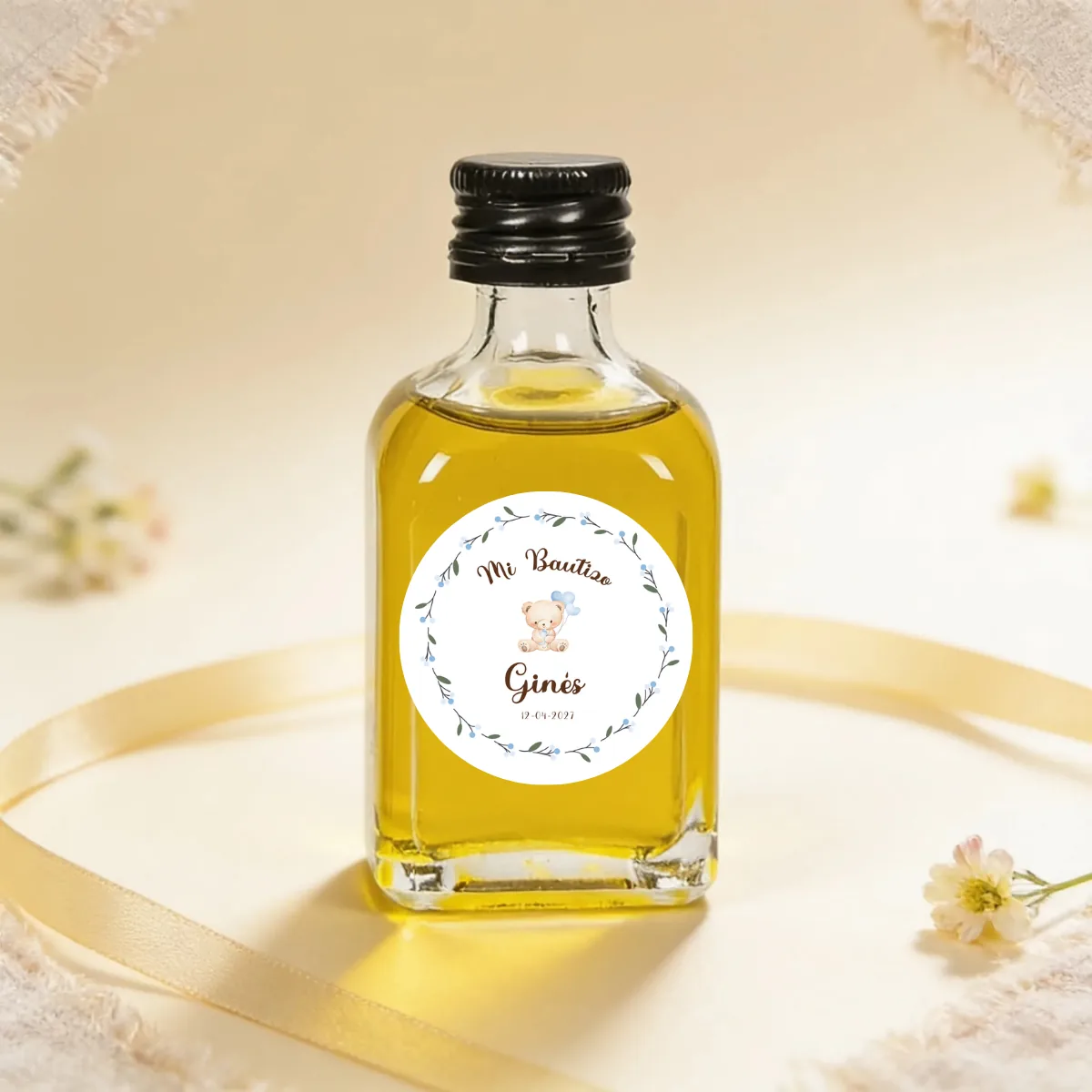 Botella de aceite 50ml bautizo osito niño