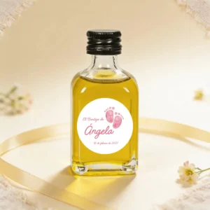 Botella de aceite 50ml personalizada de bautizo, diseño Huellas niña