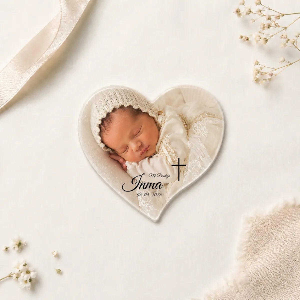 Imán corazón bautizo detalle cruz relieve
