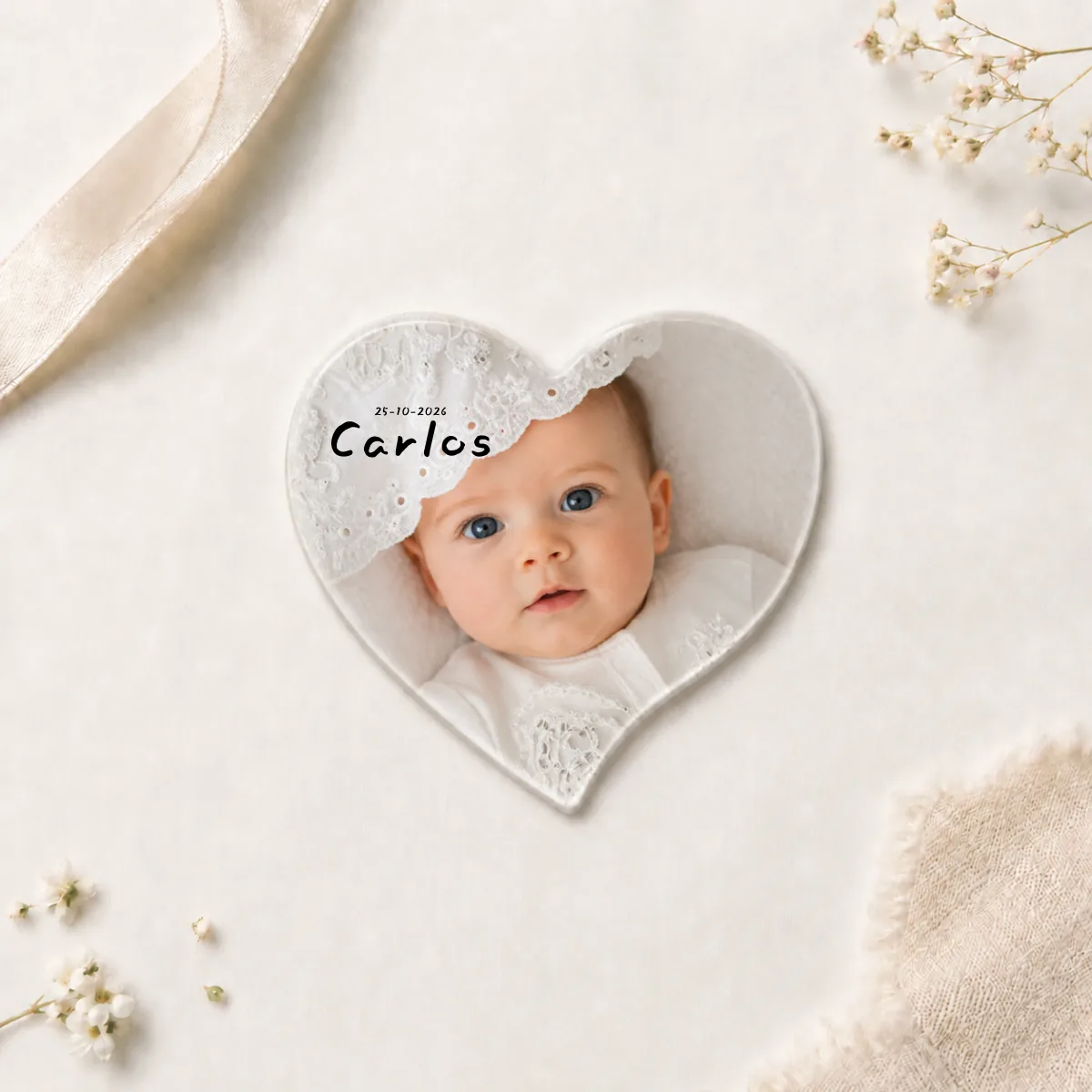 Imán corazón bautizo manuscrito relieve