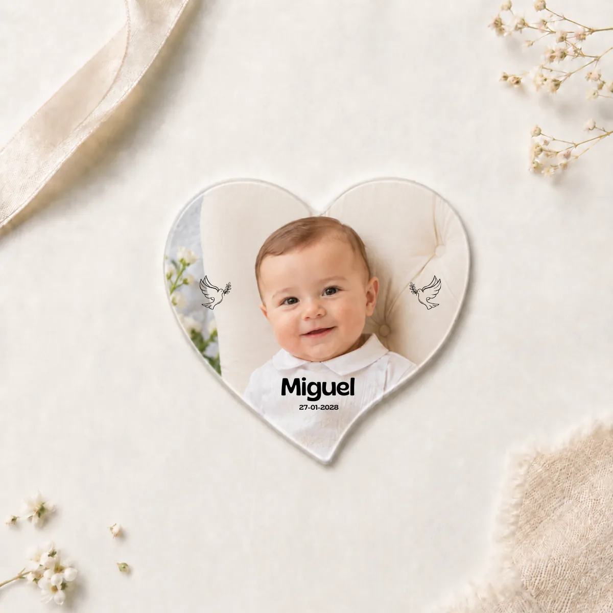 Imán corazón bautizo paloma de la paz relieve