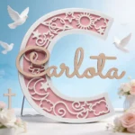 Letra inicial y nombre rosa con soporte personalizada de bautizo, diseño Diseño clásico – foto 4