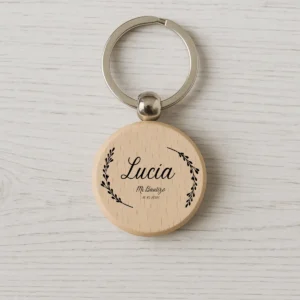 Llavero redondo madera clara personalizado de bautizo, diseño Detalle laurel