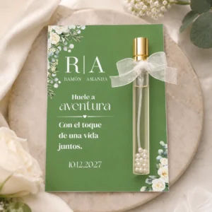 Detalle perfume dorado 10ml con lazo boda iniciales y textos  verde