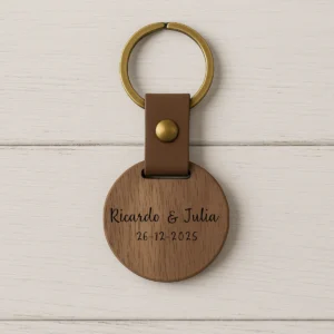 Llavero madera oscura redondo boda bouquet