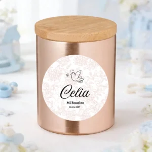 Vela oro rosado personalizada de bautizo, diseño Paloma niña