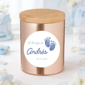 Vela oro rosado personalizada de bautizo, diseño Huellas niño