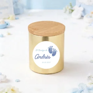 Vela dorada personalizada de bautizo, diseño Huellas niño