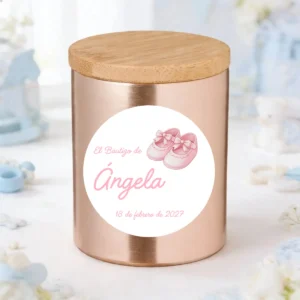 Vela oro rosado personalizada de bautizo, diseño Patucos niña