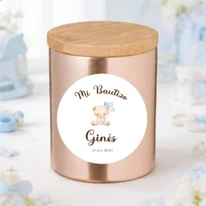 Vela oro rosado personalizada de bautizo, diseño Osito niño sencillo