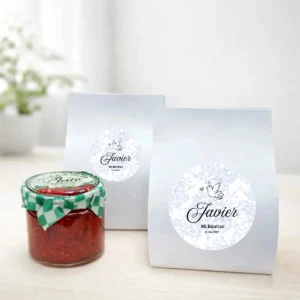 Mermelada de pimiento rojo 40g personalizada de bautizo, diseño Paloma niño