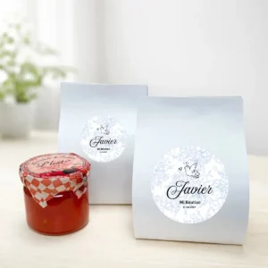 Mermelada de tomate 40g personalizada de bautizo, diseño Paloma niño