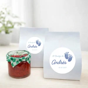 Mermelada de pimiento rojo 40g personalizada de bautizo, diseño Huellas niño