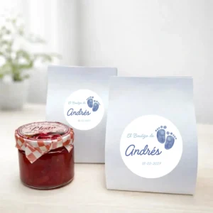 Mermelada de pétalos de rosa 40g personalizada de bautizo, diseño Huellas niño
